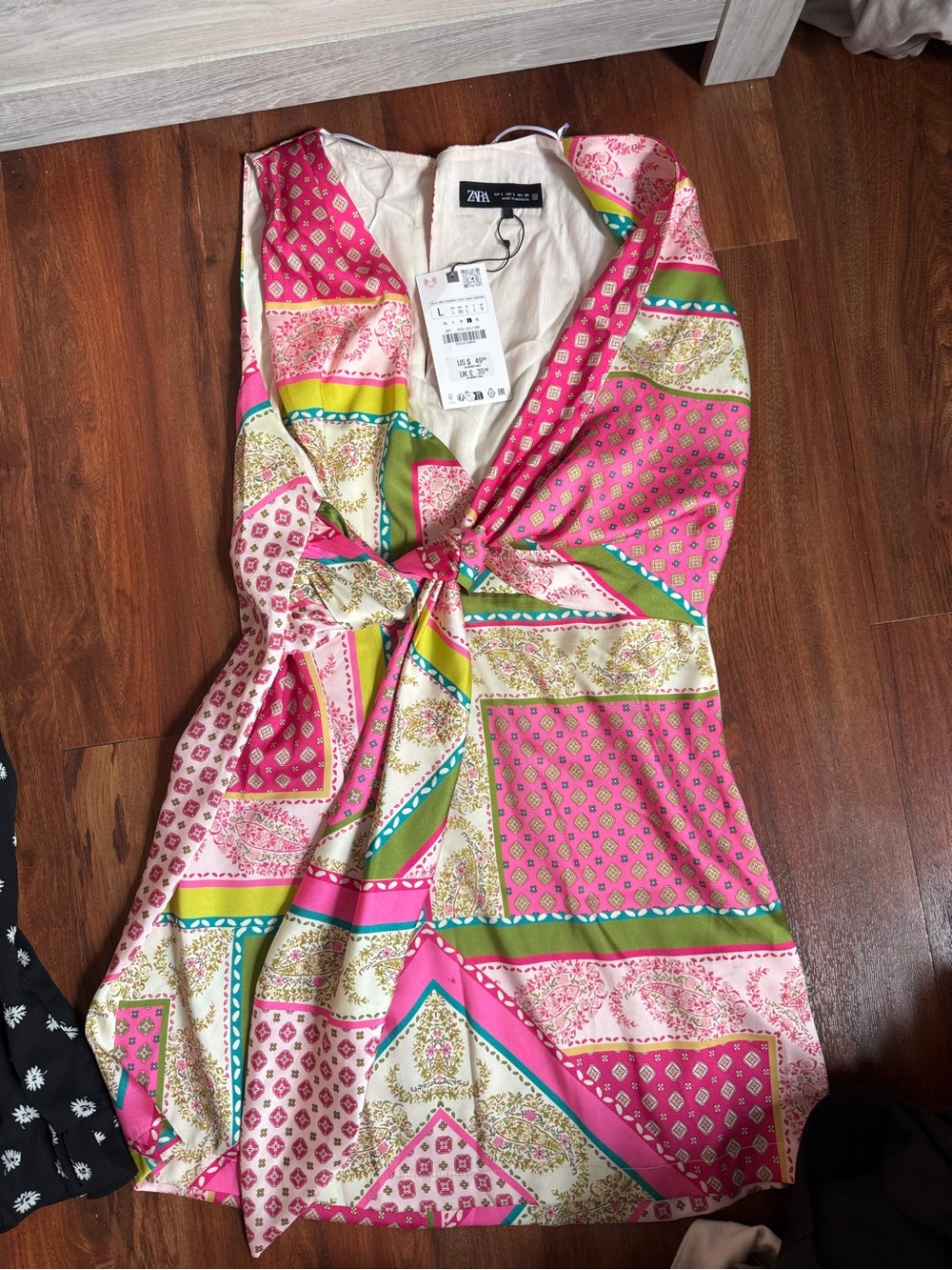 Zara Pink, Green & Cream Patchwork Knot-Front Satin Dress